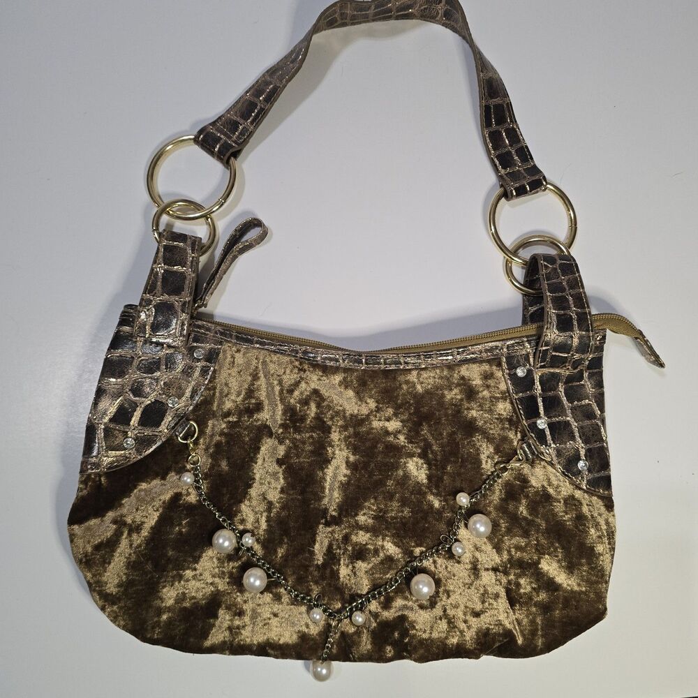Laila Rowe Women's Bronze Gold Crushed Velvet Croc Embossed Shoulder Bag Handbag